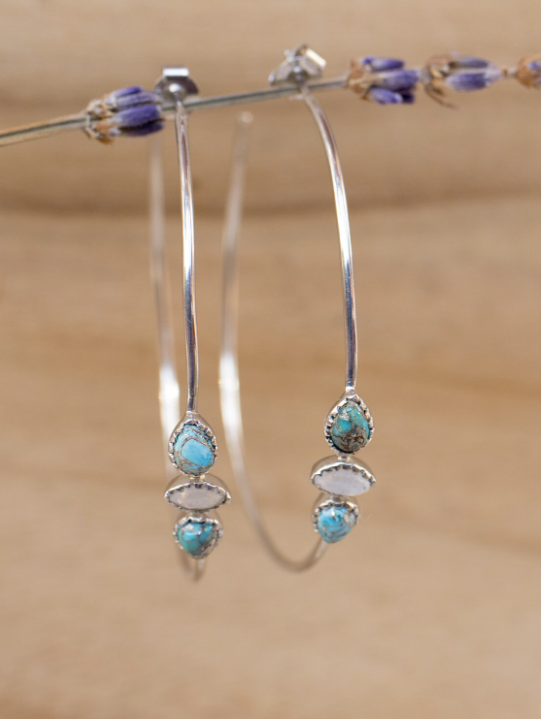 TURQUOISE + MOONSTONE SILVER HOOPS
