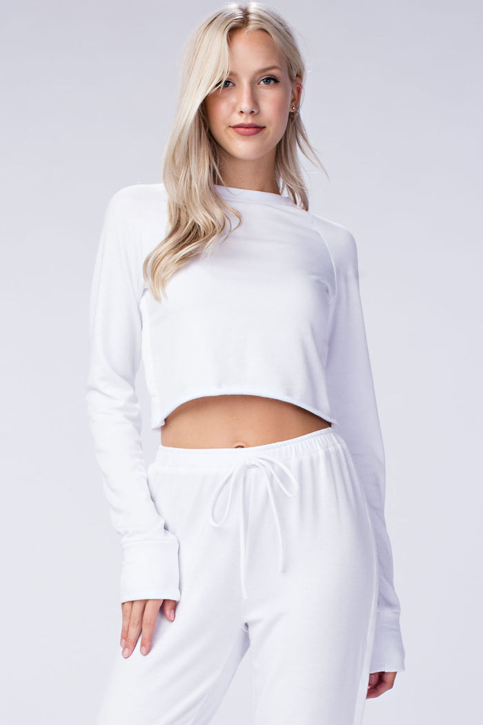 SIDE SNAP CROP CREW PULLOVER - WHITE