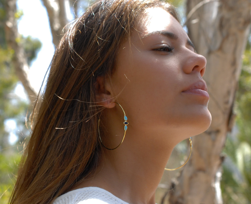 TURQUOISE + SAPPHIRE HOOPS - GOLD/SILVER